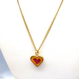 Sparkling Heart Pendant Necklace, Vintage Gold Tone Red Pave Crystals on Gold